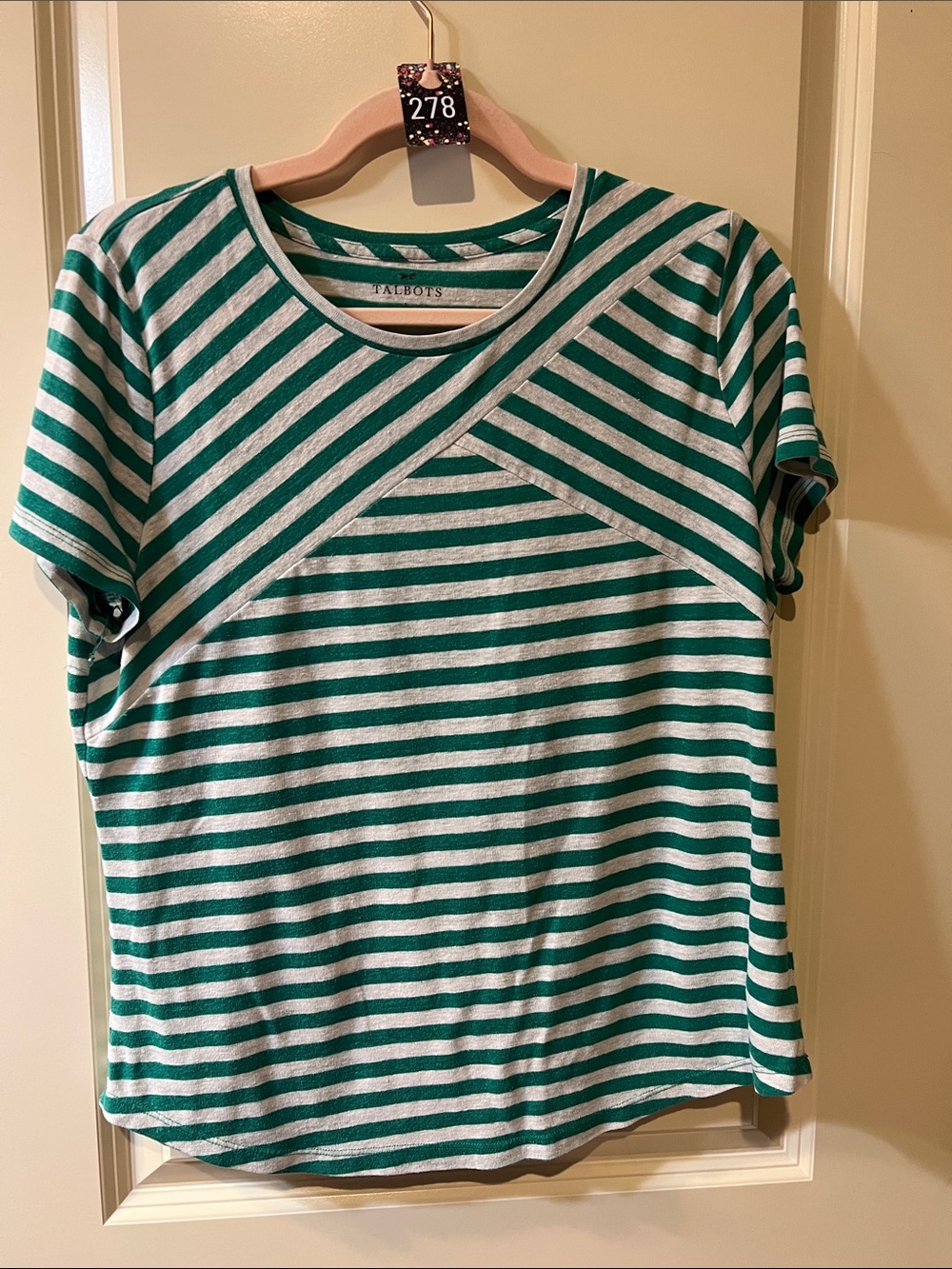 Talbots Green & a light grayish white Striped  Tee with Diagonal Detail H278